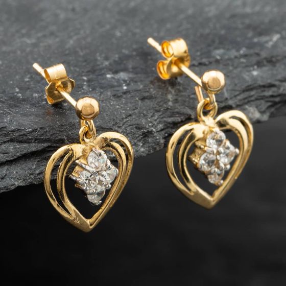 Second Hand Yellow Gold Cubic Zirconia Heart Dropper Earrings 41171487