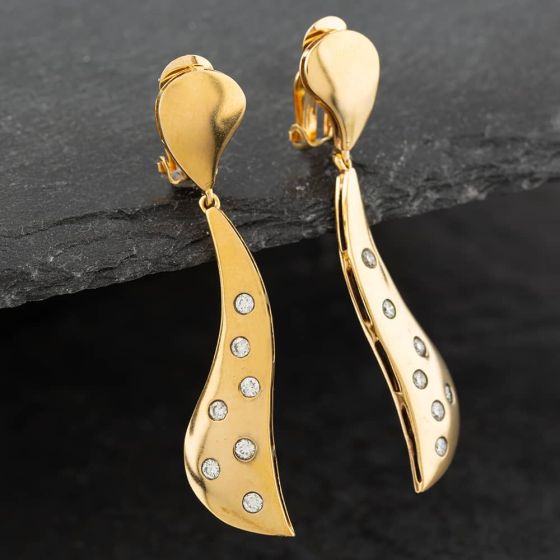 Second Hand 9ct Yellow Gold Brilliant Cut Diamond Set Clip On Dropper Earrings 41171593