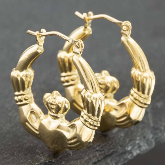 Second Hand 9ct Yellow Gold 25mm Claddagh Hoop Earrings 41171671