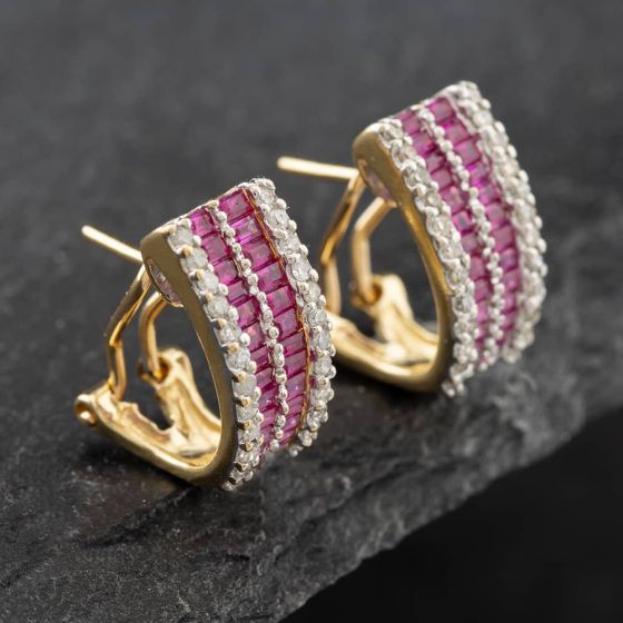 Second Hand 14ct Yellow Gold Ruby & Diamond Huggie Earrings 41171739