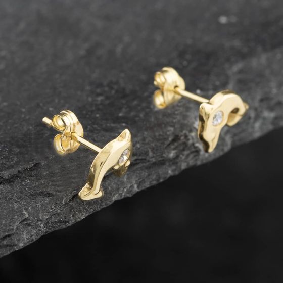 Second Hand 9ct Yellow Gold Cubic Zirconia Small Dolphin Stud Earrings 41171771