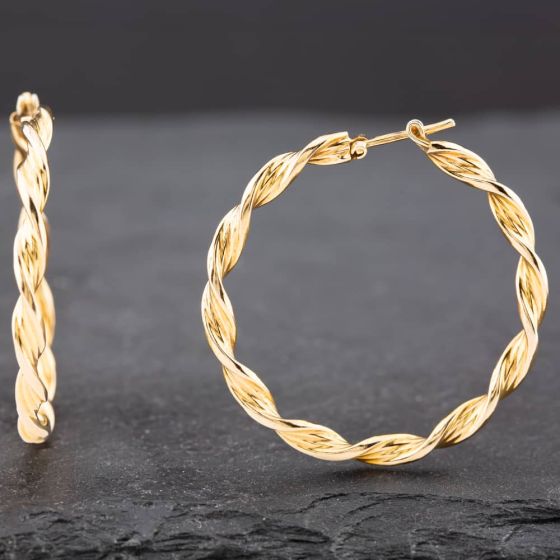 Second Hand 9ct Yellow Gold 34mm Twisted Hoop Earrings 41171830