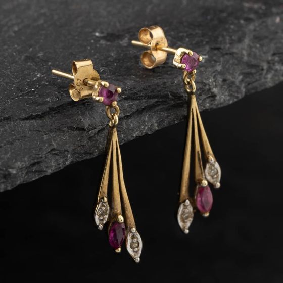 Second Hand Yellow Gold Ruby & Single Cut Diamond Dropper Earrings 41171915