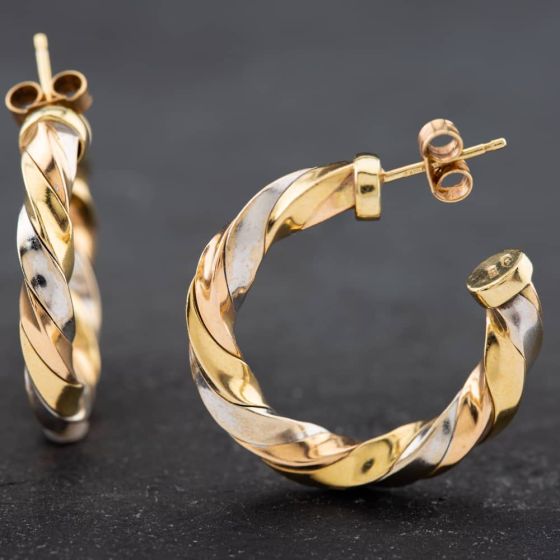 Second Hand 9ct Three Colour Gold 27.3mm Twist Hoop Earrings 41172175
