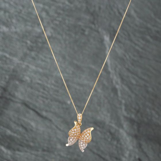 Second Hand 9ct Two Colour Gold Cubic Zirconia Butterfly Pendant & 18 Inch Curb Chain 41172203