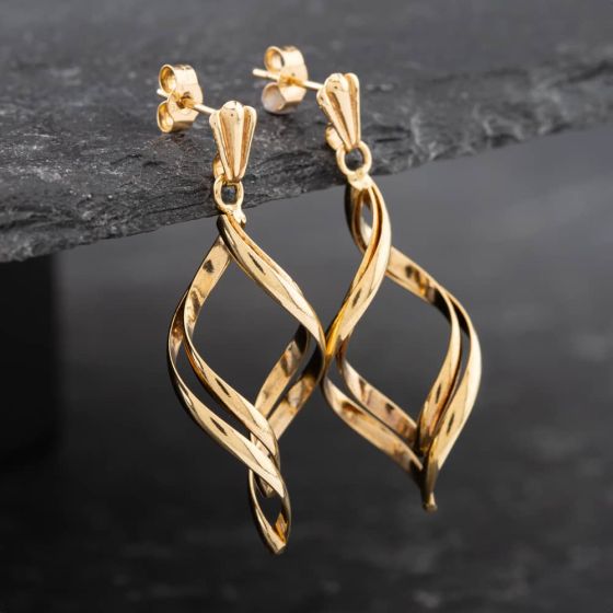 Second Hand 9ct Yellow Gold Twist Flame Dropper Earrings 41172221