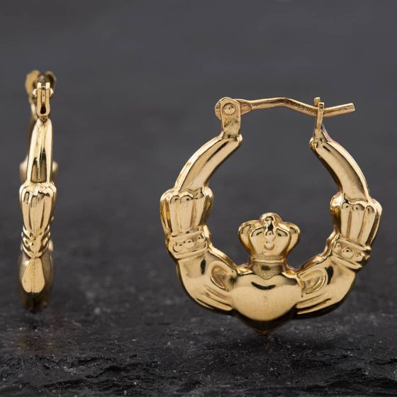 Second Hand 9ct Yellow Gold 20.5mm Claddagh Hoop Earrings 41172250