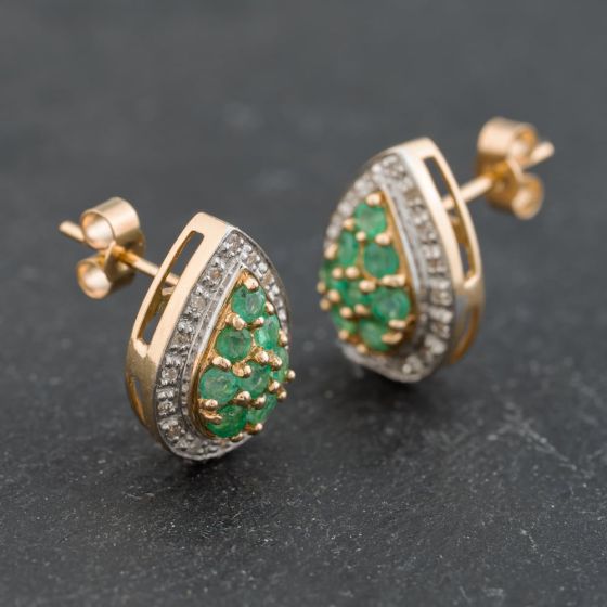 Second Hand 9ct Yellow Gold Emerald & Diamond Teardrop 14mm Stud Earrings 41172394