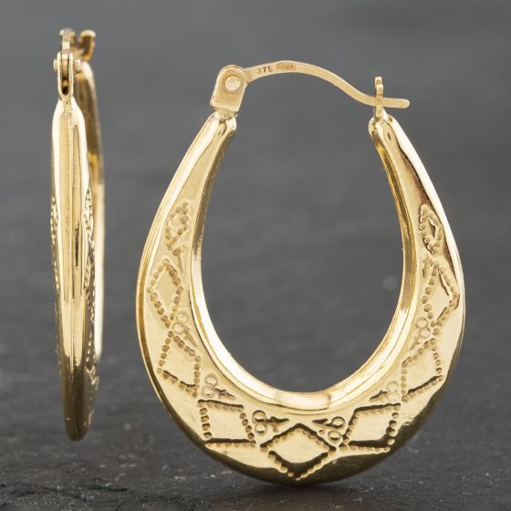Second Hand Yellow Gold 25mm Oval Patterned Creole Earrings 41172429
