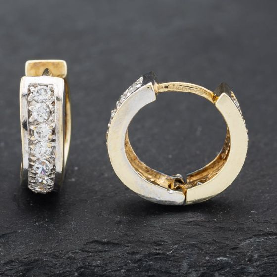 Second Hand 9ct Two Colour Gold 13mm Cubic Zirconia Hoop Earrings 41172522