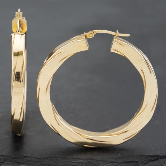 Second Hand 9ct Yellow Gold 40mm Patterned Hoop Earrings 41172546