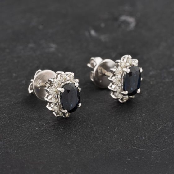 Second Hand 9ct White Gold Sapphire & Brilliant Cut Diamond Oval 11mm Stud Earrings 41172606