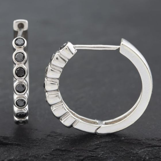 Second Hand 9ct White Gold Black Diamonds Hoop Earrings 41172621