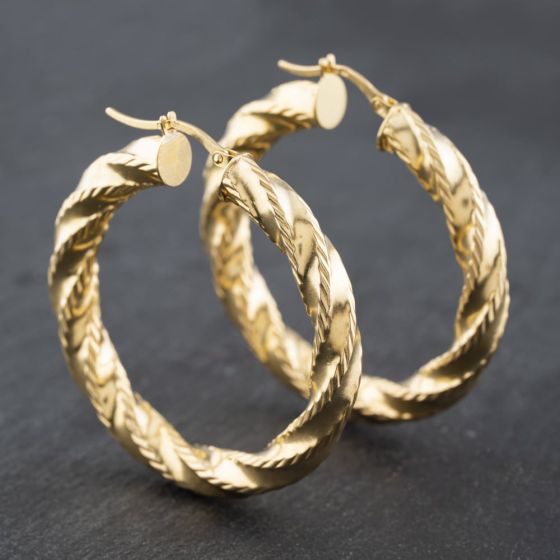 Second Hand 9ct Yellow Gold 41.5mm Large Twisted Hoop Earrings 41172636