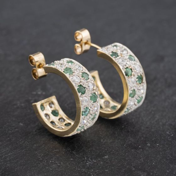Second Hand 9ct Yellow Gold 2mm Emerald Half Hoop Earrings 41172730