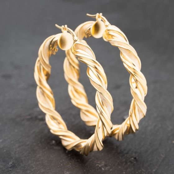Second Hand 9ct Yellow Gold 47mm Twisted With Glitter Effect Hoop Earrings 41172735