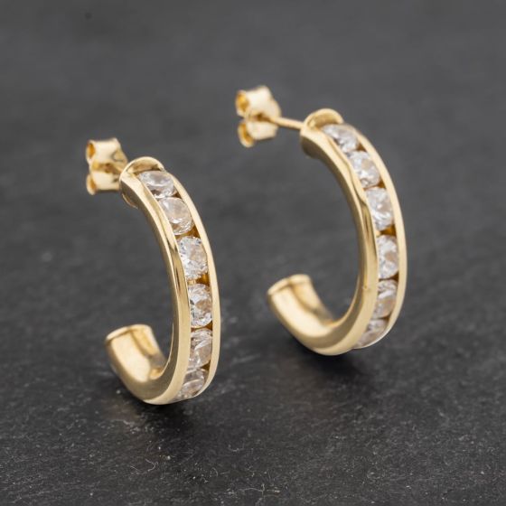 Second Hand 9ct Yellow Gold 17mm Cubic Zirconia Channel Set Half Hoop Earrings 41172927