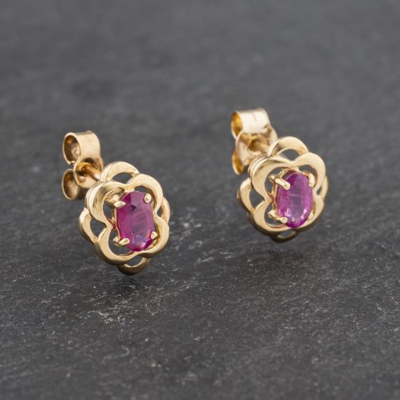 Second Hand Yellow Gold 9mm Ruby Oval Stud Earrings 41172932