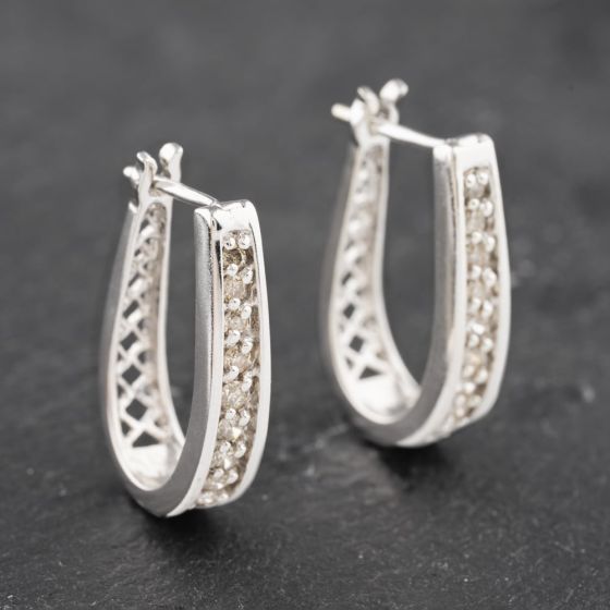 Second Hand 9ct White Gold Diamond Hoop Leverback Earrings 41172988