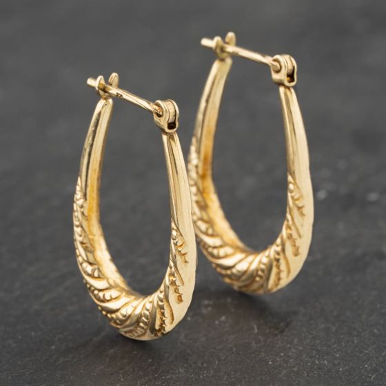 Second Hand Yellow Gold 22.5mm Oval Pattern Creole Earrings 41173018