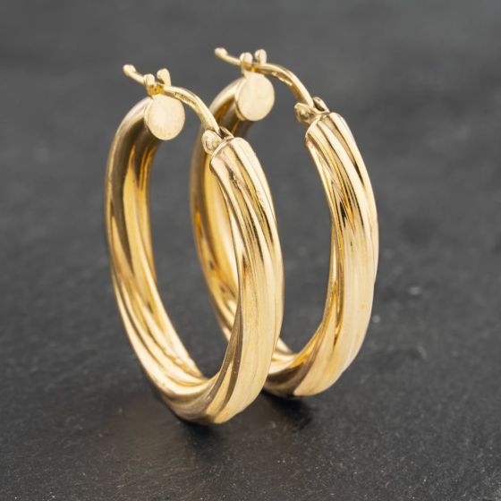 Second Hand 9ct Yellow Gold 30.5mm Oval Twist Hoop Earrings 41173028