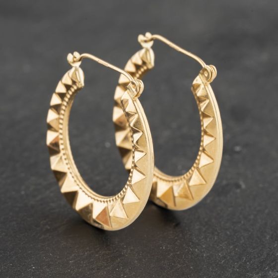 Second Hand 9ct Yellow Gold 26mm Pyramid Pattern Hoop Earrings 41173040