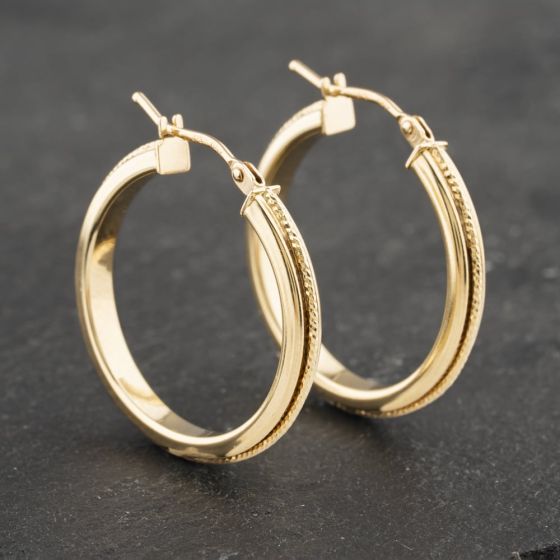 Second Hand 9ct Yellow Gold 23mm Rope Effect Patterned Hoop Earrings 41173118