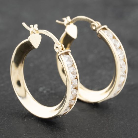 Second Hand 9ct Yellow Gold 22mm Cubic Zirconia Channel Set Hoop Earrings 41173146