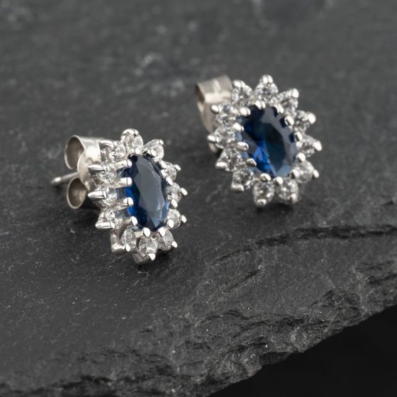 Second Hand White Gold Blue Glass & Cubic Zirconia Oval Flower Cluster 11mm Stud Earrings 41173149