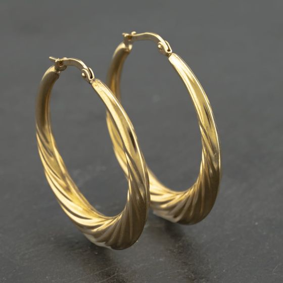 Second Hand 9ct Yellow Gold 35mm Patterned Hoop Earrings 41173164
