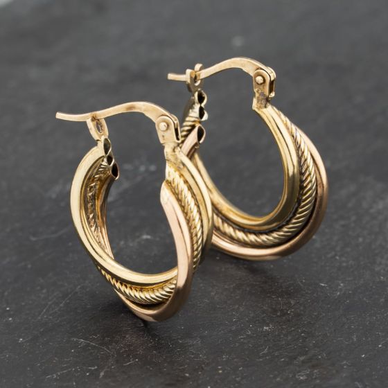 Second Hand Three Colour Gold 21mm Triple Crossover Creole Earrings 41173205
