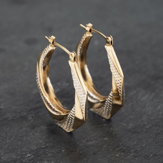 Second Hand Two Colour Gold 25mm Hexagon Pattern Creole Earrings 41173293