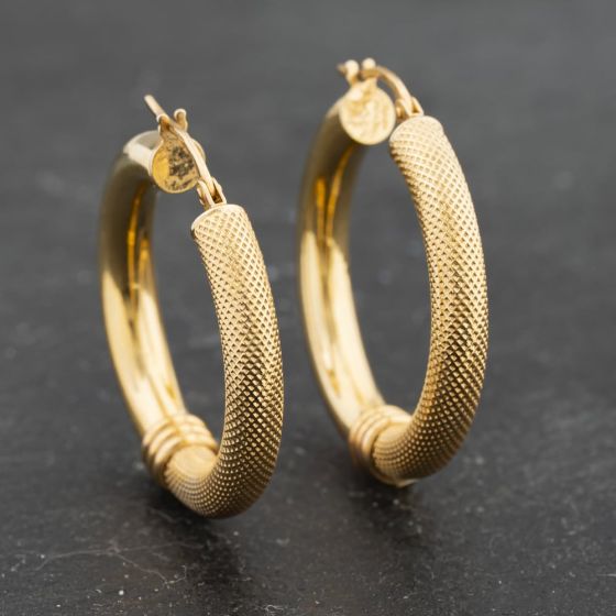 Second Hand 9ct Yellow Gold 74mm Plain And Frosted Hoop Earrings 41173324