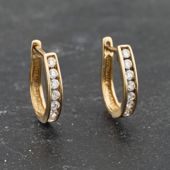 Second Hand 9ct Yellow Gold 12.5mm Cubic Zirconia Channel Set Leverback Earrings 41173351