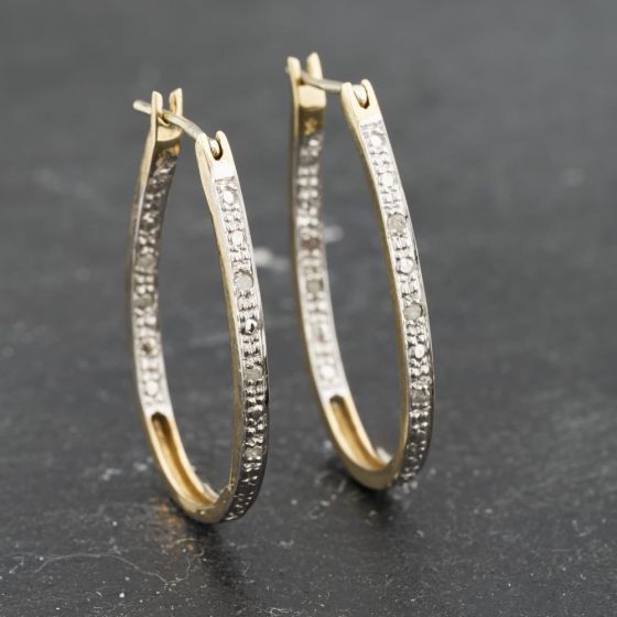 Second Hand 9ct Yellow Gold 28mm Diamond Oval Creole Earrings 41173354