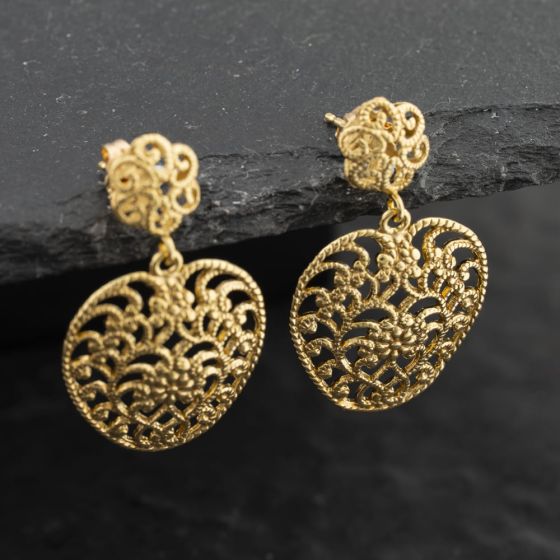 Second Hand 9ct Yellow Gold 27mm Filigree Dropper Earrings 41173384