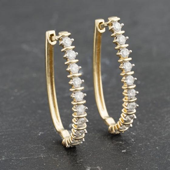 Second Hand 9ct Yellow Gold 25mm Diamond Ten Stone Hoop Earrings 41173391