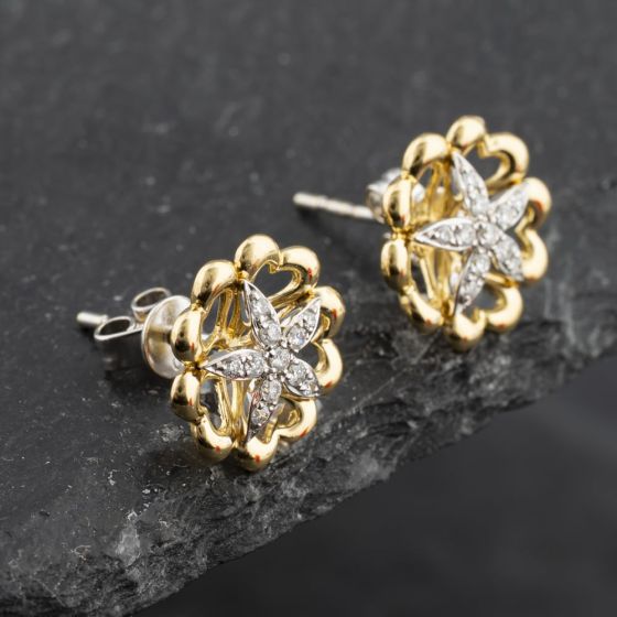 Second Hand 9ct Two Colour Gold 11.6mm Brilliant Cut Diamond Flower Stud Earrings 41173411