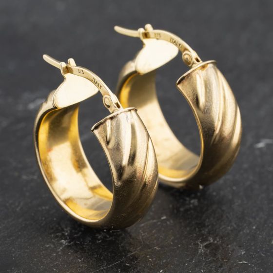 Second Hand 9ct Yellow Gold 20mm Wide Patterned Hoop Earrings 41173445