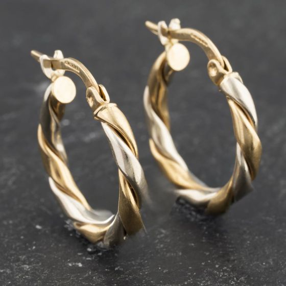 Second Hand 9ct Two Colour Gold 3.5mm Twist Hoop Earrings 41173448