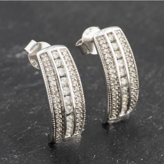 Second Hand 9ct White Gold 18mm Diamond Three Row Dropper Earrings 41173523