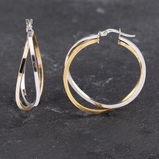 Second Hand 9ct Two Colour Gold 36mm Crossover Hoop Earrings 41173580