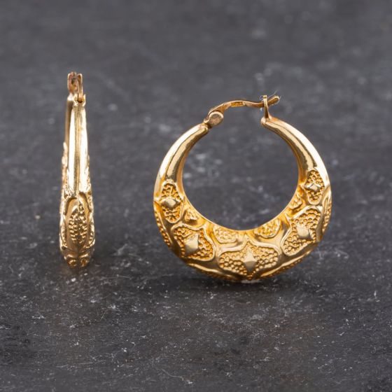 Second Hand 9ct Yellow Gold 27mm Embossed Pattern Creole Earrings 41173584