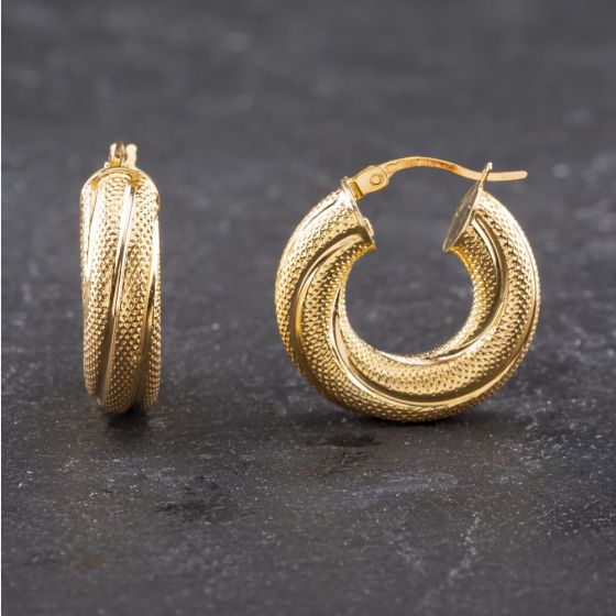 Second Hand 9ct Yellow Gold 21mm Chunky Frosted Pattern Hoop Earrings 41173587