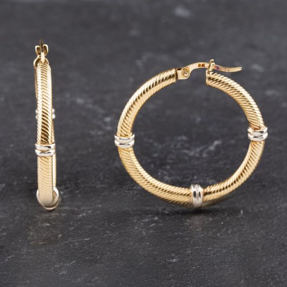 Second Hand 9ct Two Colour Gold 32mm Mesh Style Pattern Hoop Earrings 41173588