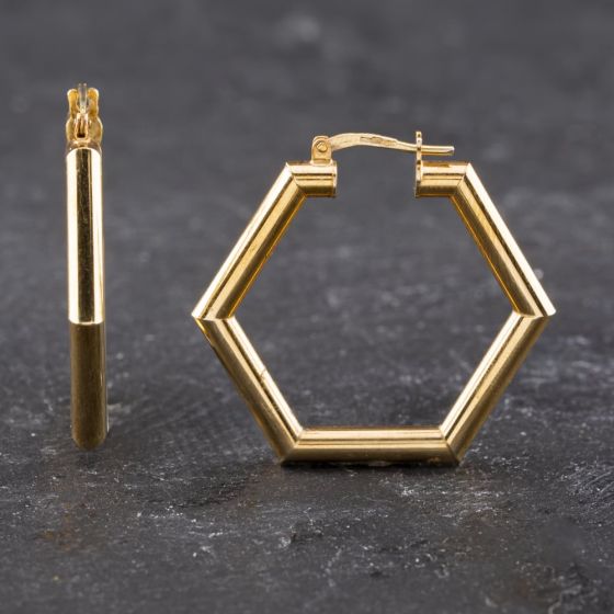 Second Hand 9ct Yellow Gold 28mm Hexagon Shape Hoop Earrings 41173592
