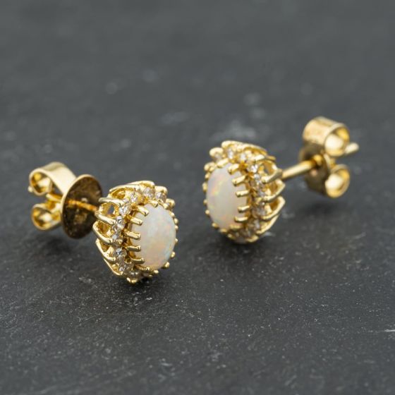 Second Hand 18ct Yellow Gold Opal & Diamond Cluster Stud Earrings 41173611