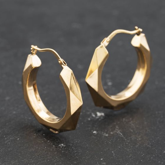 Second Hand 9ct Yellow Gold 25mm Hexagonal Multi-Faceted Creole Earrings 41173620