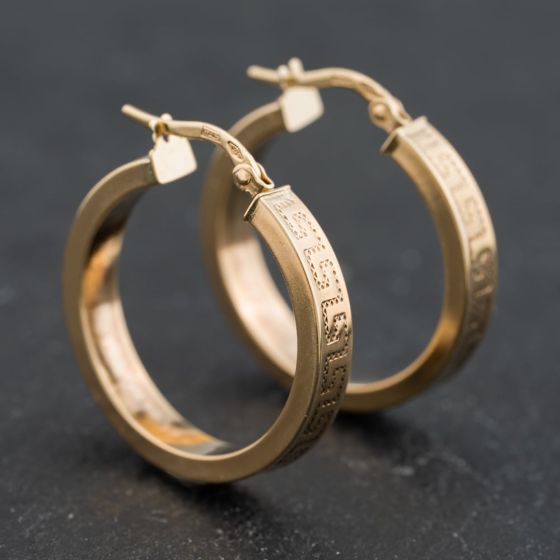 Second Hand 9ct Yellow Gold 25mm Greek Key Hoop Earrings 41173625