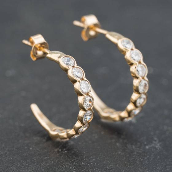 Second Hand Yellow Gold 16.6mm Cubic Zirconia Half Hoop Earrings 41173632